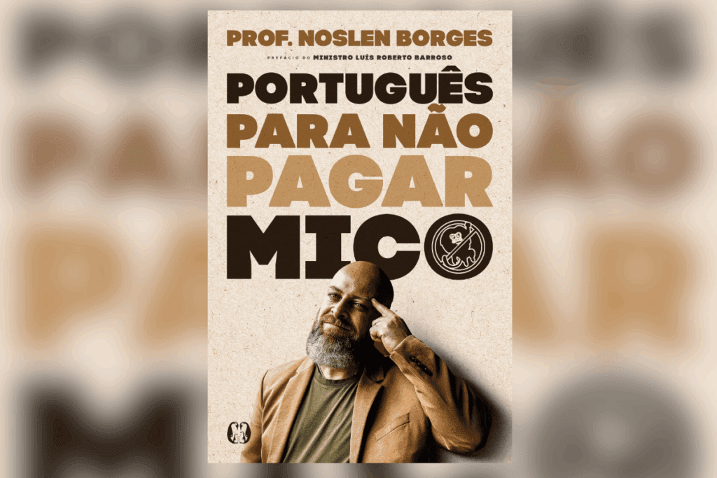 Capa do livro “Português para não pagar mico” com fundo bege e ilustração do autor pensativo