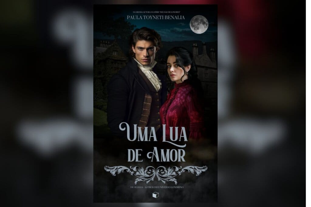Capa do livro Uma lua de amor com a foto de um homem e uma mulher vestindo roupas de época e olhando para frente