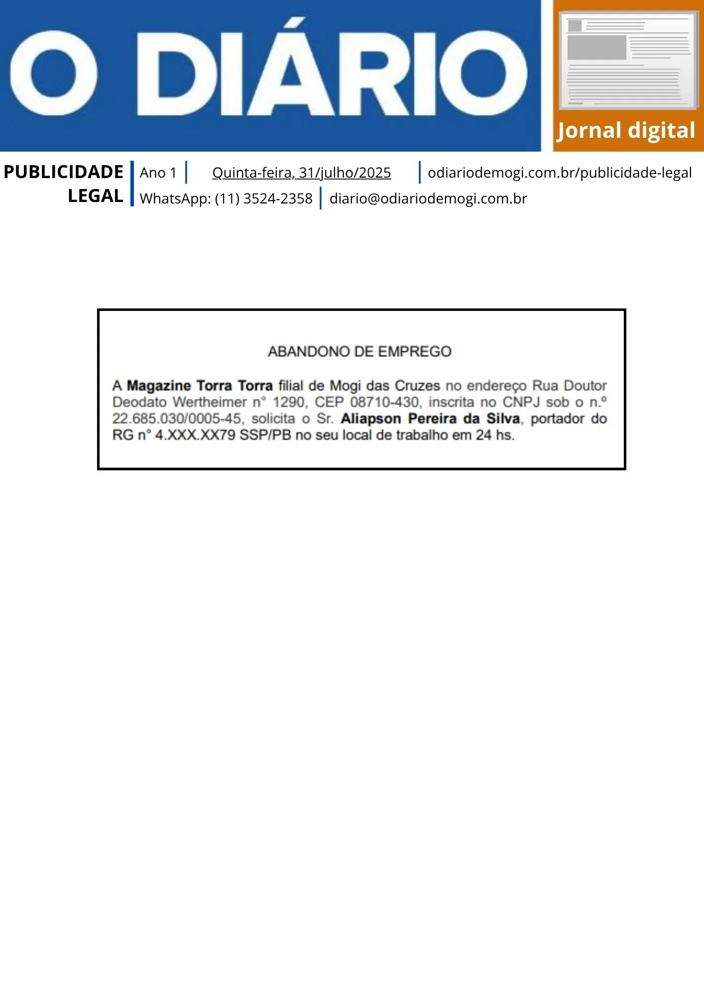 Quinta-feira, 31 de julho de 2025