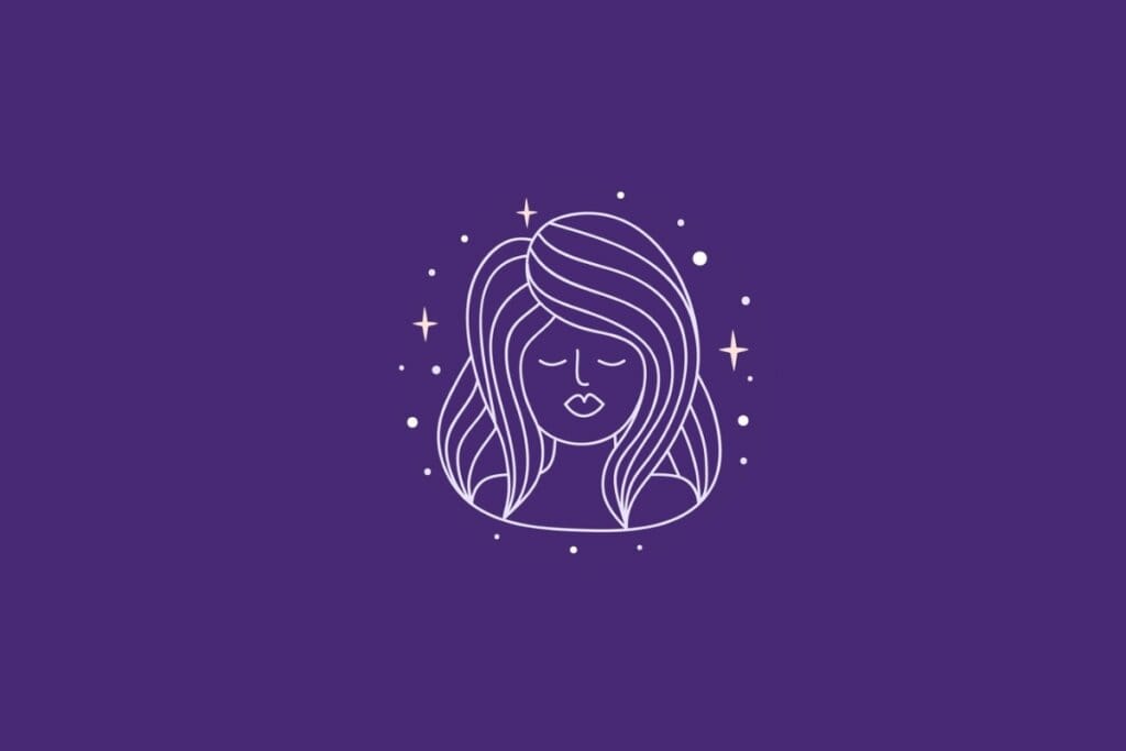 Ilustração do signo de Virgem em um fundo roxo rodeado por estrelas