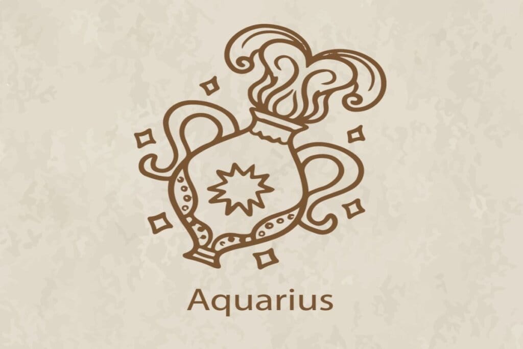 Ilustração do símbolo e nome do signo de aquário marrom em fundo marrom-claro
