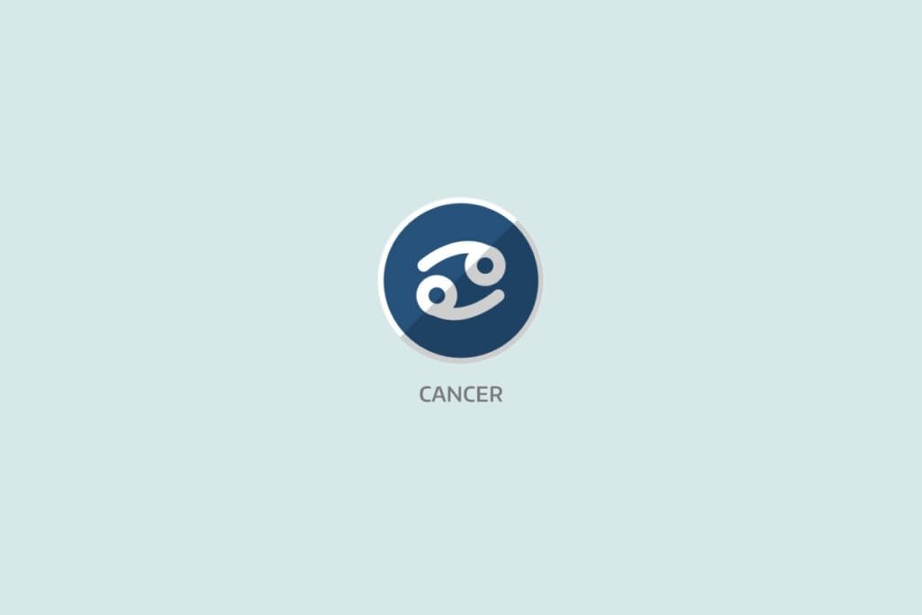 Ilustração em fundo azul-claro com o símbolo do signo de Câncer dentro de círculo azul escuro