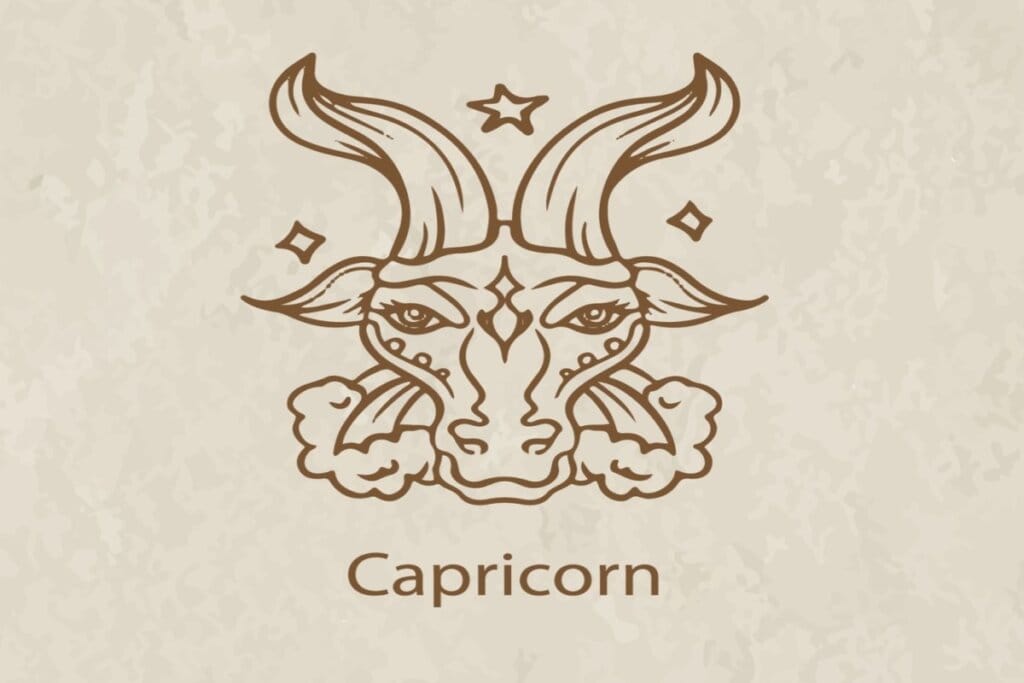Ilustração do símbolo e nome do signo de capricórnio marrom em fundo marrom-claro