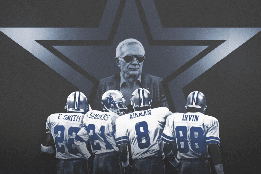 Imagem em preto e branco azulado com a ilustração de uma estrela no fundo, com a imagem de um homem de cabelo curto e branco, usando óculos escuro e de 4 homens com uniforme de futebol americano 