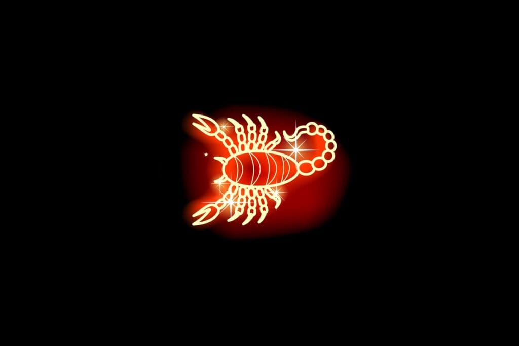 Ilustração em vermelho neon do signo de Escorpião em fundo preto