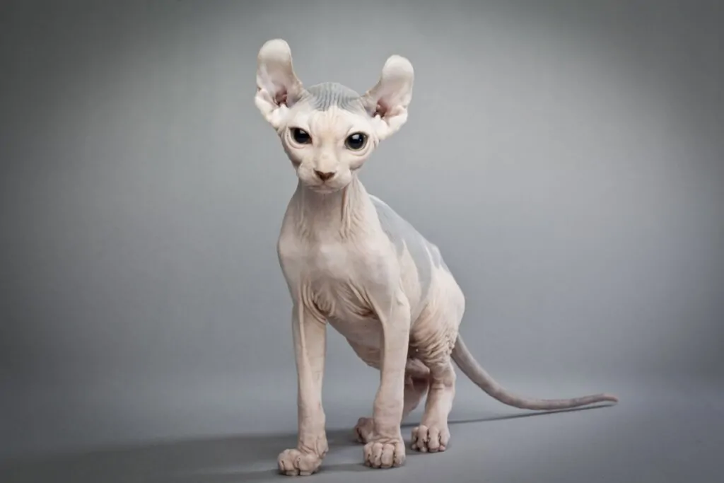 Gato com a pele sem pelos e a pele branca, com olhos pretos e orelhas viradas para trás 