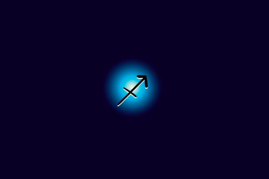 Ilustração do signo de sagitário iluminado com uma luz em um fundo azul escuro