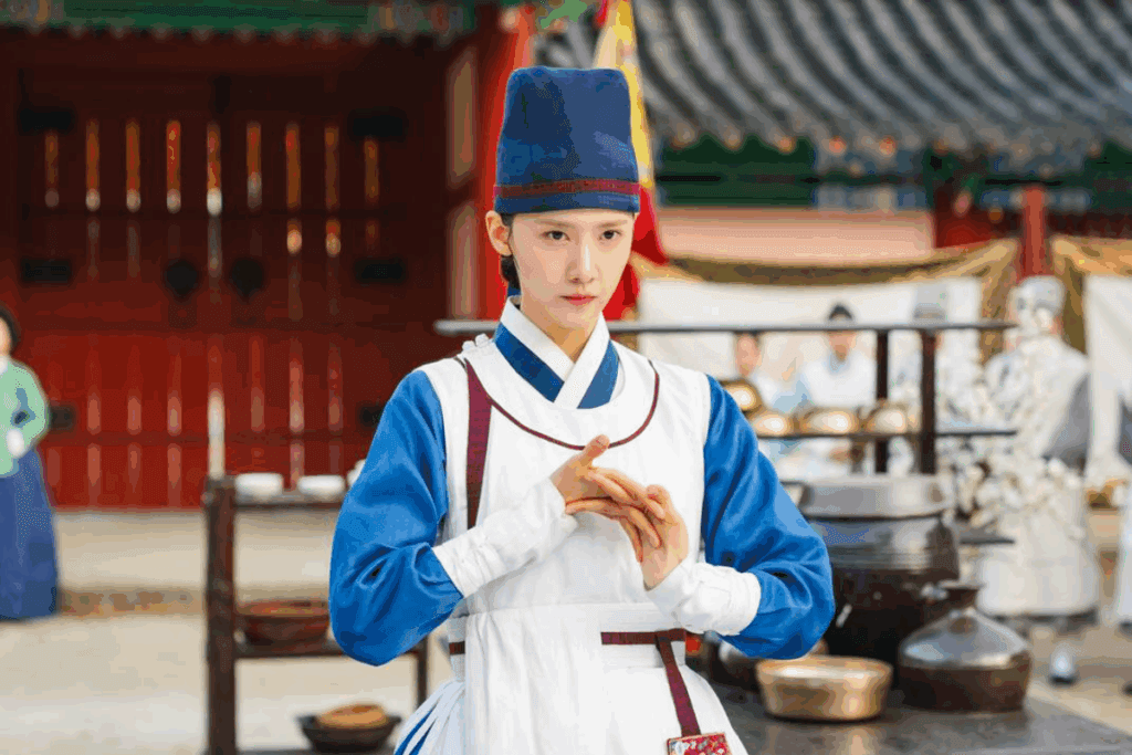 Imagem de uma mulher usando roupas de cozinheira de época da Coréia do Sul, com as mãos cruzadas