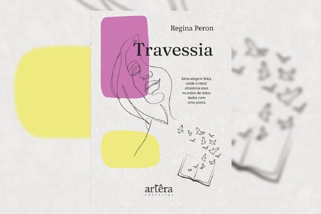 Capa do livro "Travessia", com arte minimalista de rosto feminino e pássaros saindo de um livro