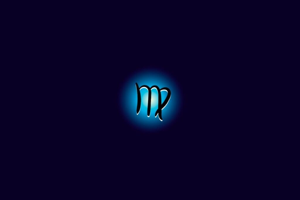 Ilustração do signo de virgem iluminado com uma luz em um fundo azul escuro