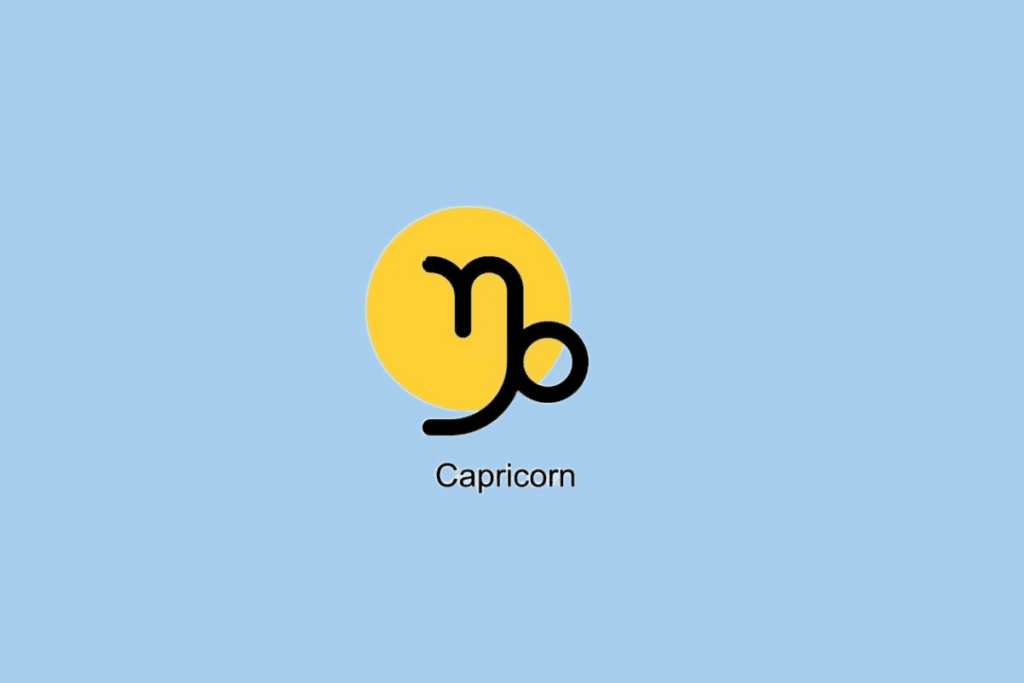 Símbolo do signo de Capricórnio ao lado de círculo amarelo em fundo azul claro
