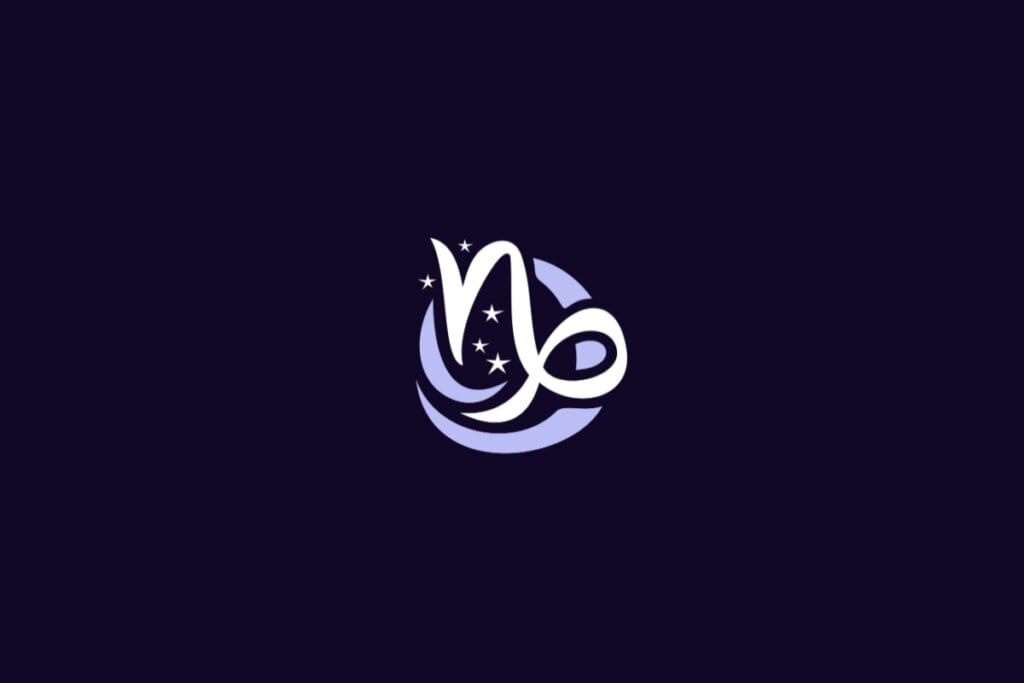 Ilustração do signo de Capricórnio, com símbolo curvado em forma de “n” que se transforma em uma espiral no final, cercado por quatro estrelas, em fundo roxo-escuro