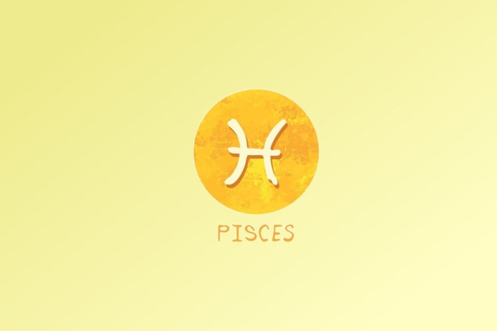 Ilustração do signo de Peixes, com dois arcos curvados conectados por uma linha central representando dois peixes nadando em sentidos opostos, em fundo amarelo