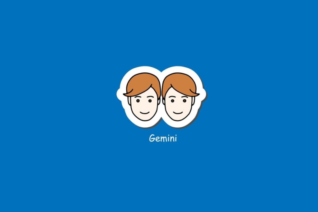 Ilustração do signo de Gêmeos, em fundo azul, com dois rostos idênticos de cabelos castanhos sorrindo lado a lado