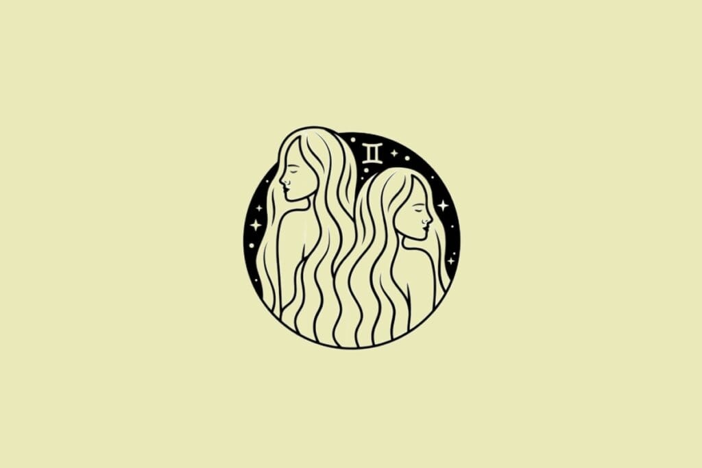Ilustração do signo de Gêmeos em preto sobre um fundo amarelo