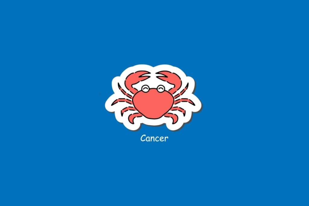 Ilustração do signo de Câncer, em fundo azul, com caranguejo vermelho e óculos, de patas abertas