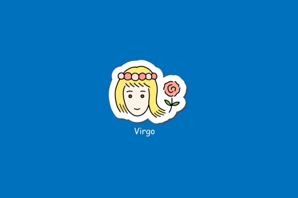 Ilustração do signo de Virgem, em fundo azul, com rosto feminino de cabelos loiros, tiara e rosa ao lado