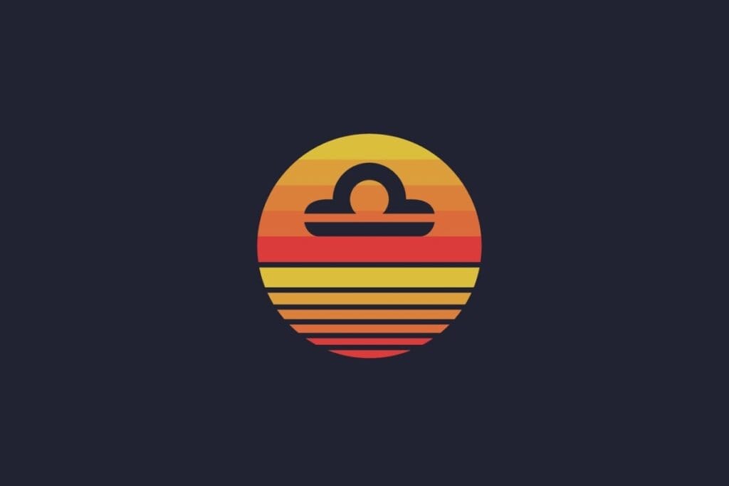 Ilustração do signo Libra, em fundo azul-escuro, contendo uma linha reta horizontal com um semicírculo acima