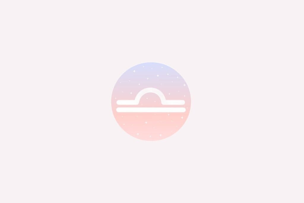 Ilustração do signo de Libra com linha curva sobre reta horizontal branca, em fundo rosa e azul com estrelas