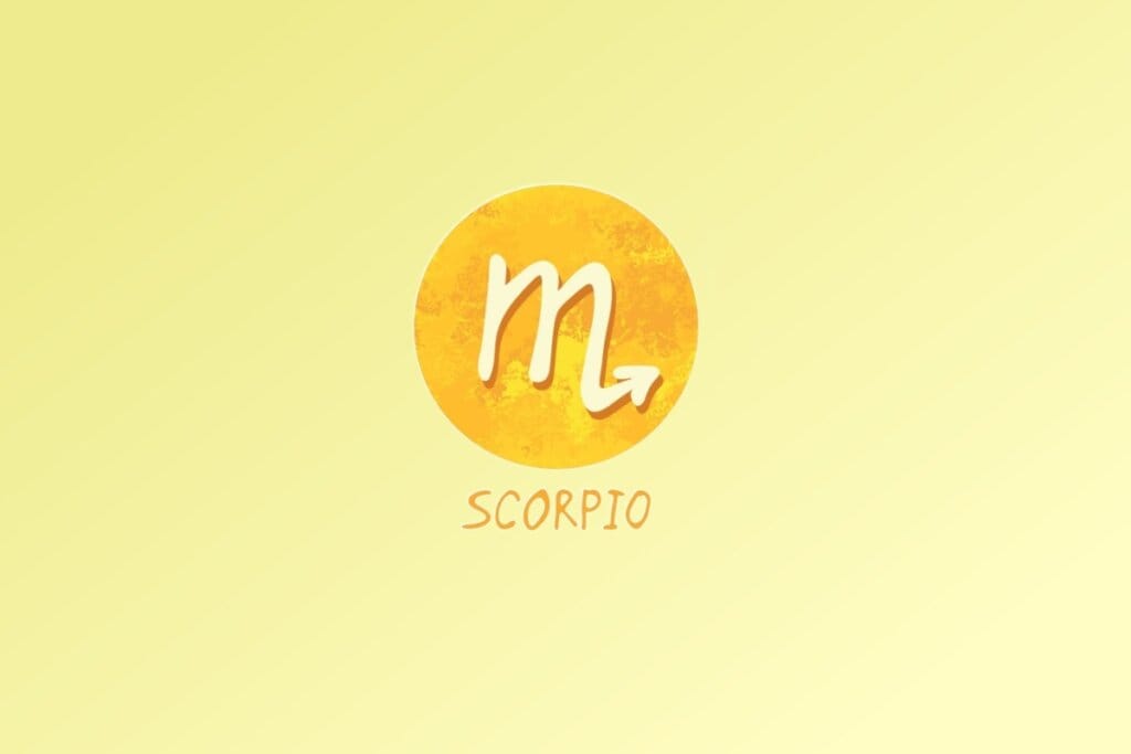 Ilustração do signo de Escorpião, com uma letra "m" estilizada terminando em uma seta apontando para cima, em fundo amarelo