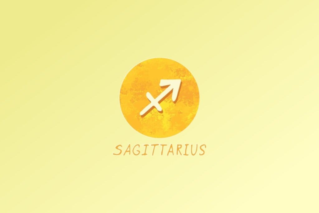 Ilustração do signo de Sagitário, com uma seta diagonal voltada para cima e para a direita simbolizando o arqueiro, em fundo amarelo