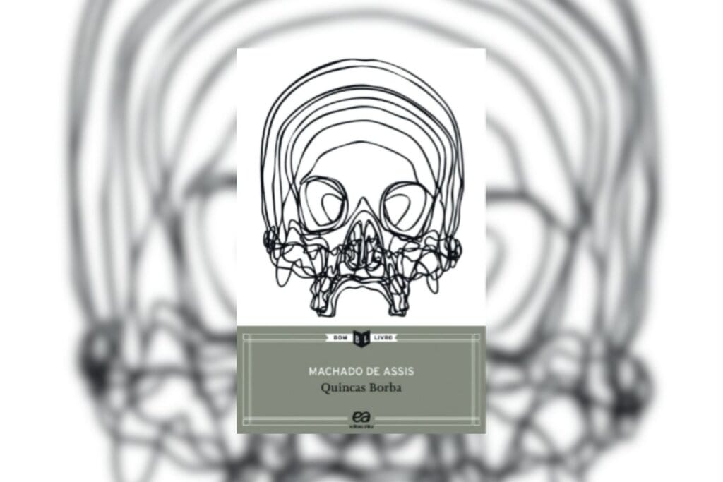 Ilustração da capa do livro Quincas Borba com a ilustração de um crânio rabiscado em um fundo branco