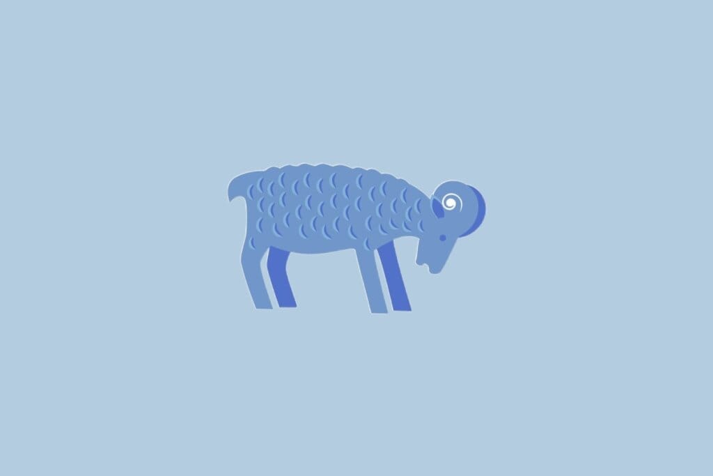 Ilustração do signo Áries, com a figura de um carneiro curvado com chifres, desenhado em azul sobre fundo azul-claro