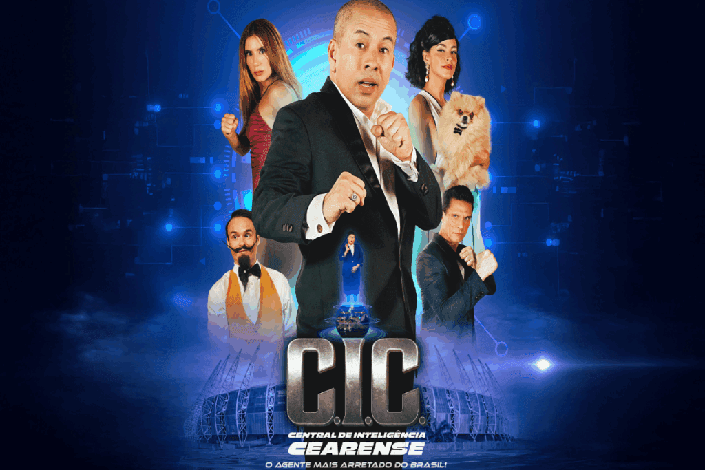 Homem careca usando terno preto e camisa branca fazendo pose de luta e  ao redor dele imagens de duas mulheres e dois homens, em fundo azul, no fim o nome do filme em cinza