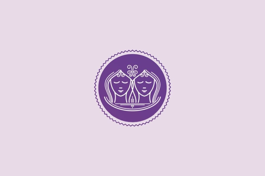 ilustração de duas mulheres representando o signo de gêmeos em círculo roxo em fundo lilás