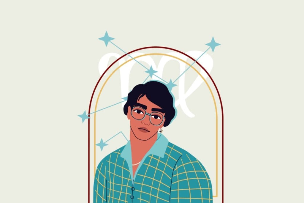 Retrato de um homem jovem e bonito. O rapaz tem cabelo preto e camisa azul. Símbolo do signo de Virgem ao fundo