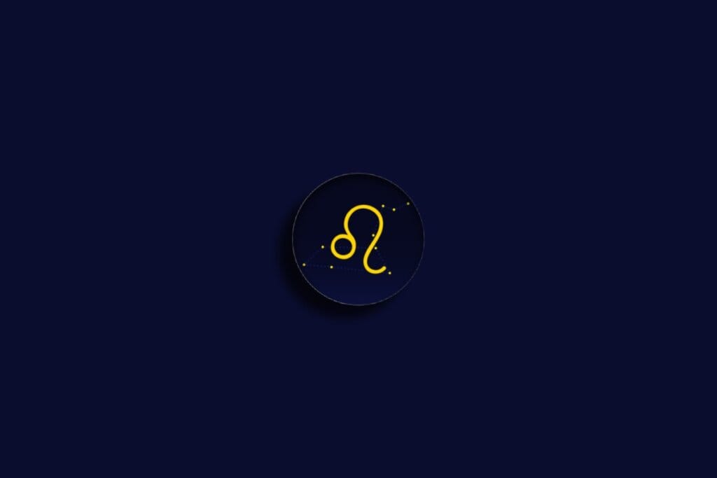 Ilustração do signo de leão em amarela sobre um fundo azul-escuro