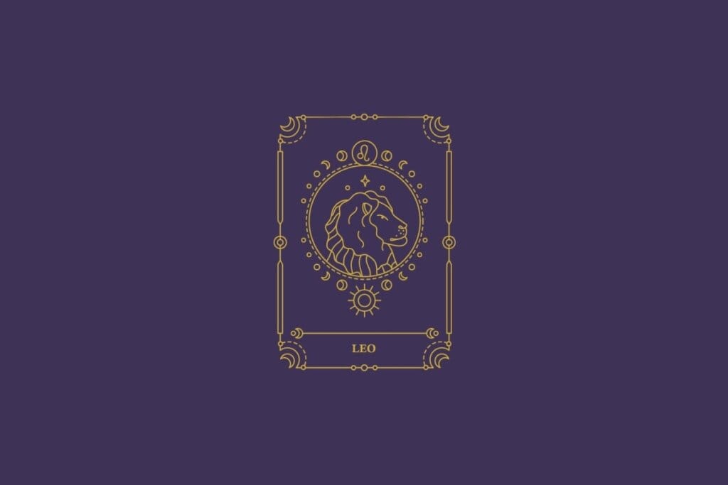 Ilustração do signo de leão em dourado com detalhes na mesma cor ao redor. Fundo roxo-escuro