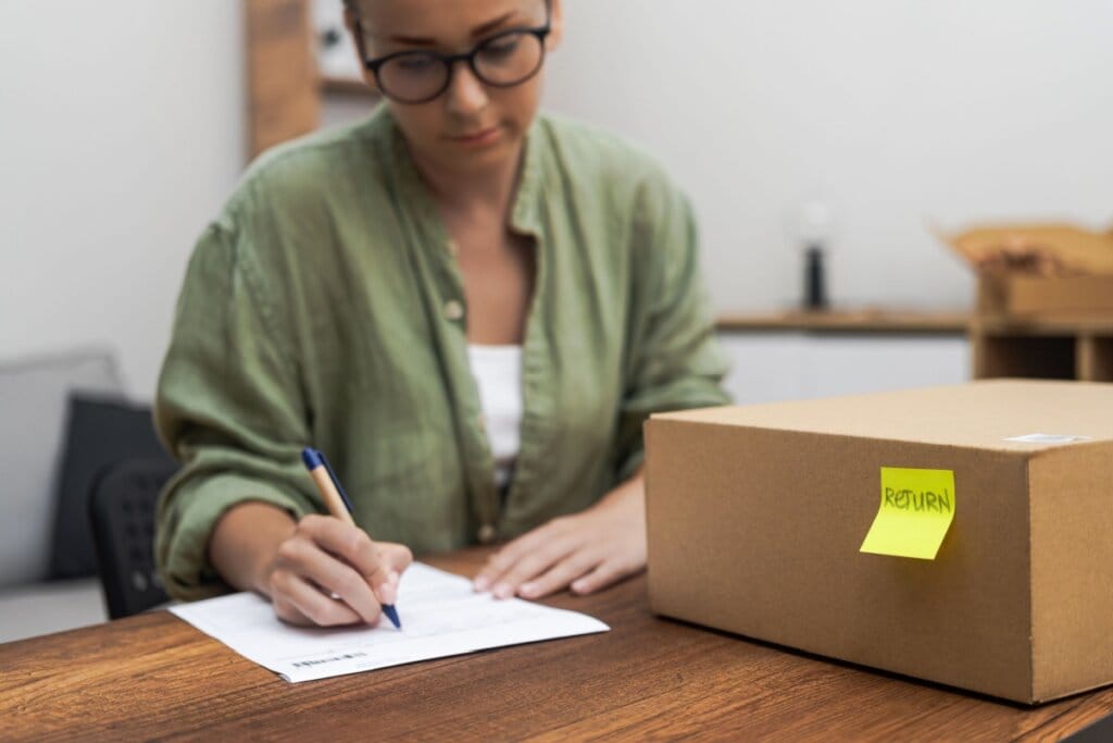 Mulher usando óculos preto, camiseta branca e blusa de botoes verde preenchendo ficha de devolução de pedido em mesa e há uma caixa fechada com um papel escrito return