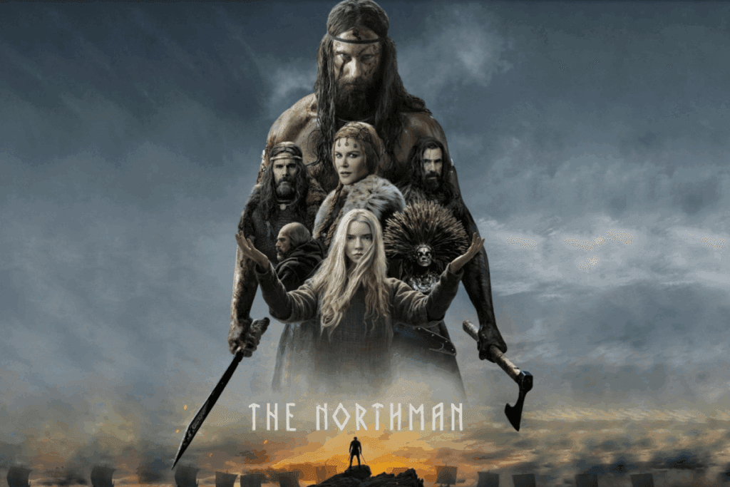 Cartaz de "O Homem do Norte" com guerreiros vikings em destaque sob céu nublado