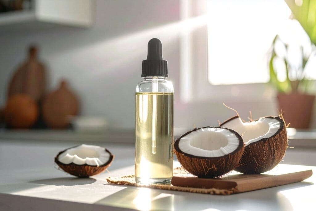 Frasco com conta-gotas contendo óleo de coco, posicionado ao lado de cocos partidos sobre uma tábua, com luz natural incidindo pela janela