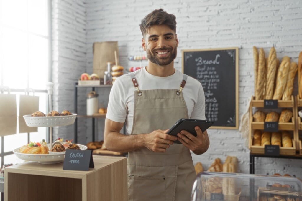Funcionário de padaria sorrindo enquanto segura um tablet ao lado de uma vitrine com pães e doces identificados como sem glúten