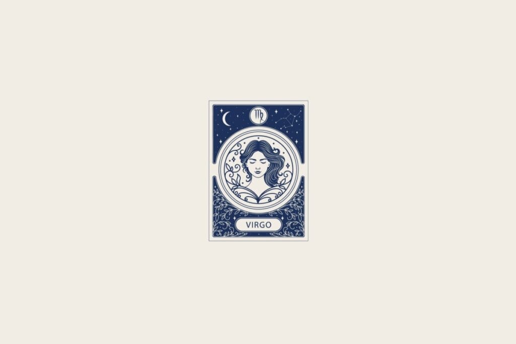 Ilustração do signo de Virgem em azul dentro de uma carta e com fundo bege-claro