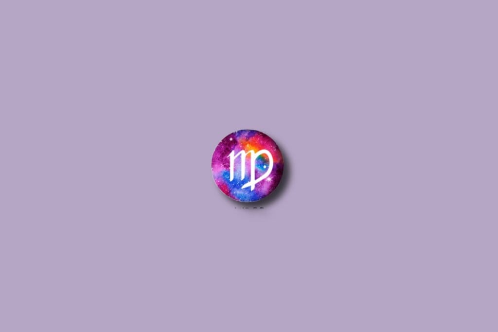 Ilustração do signo de virgem em um círculo colorido e sobre um fundo roxo