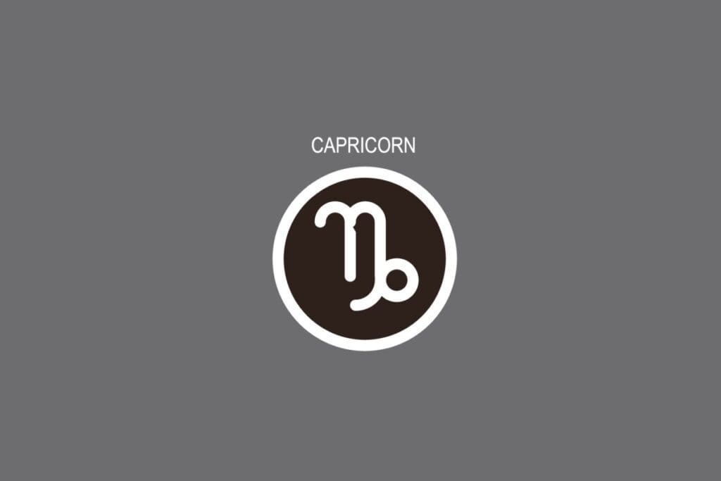 Ilustração do signo de Capricórnio, contendo o símbolo em forma de “N” com curva inferior, em fundo cinza