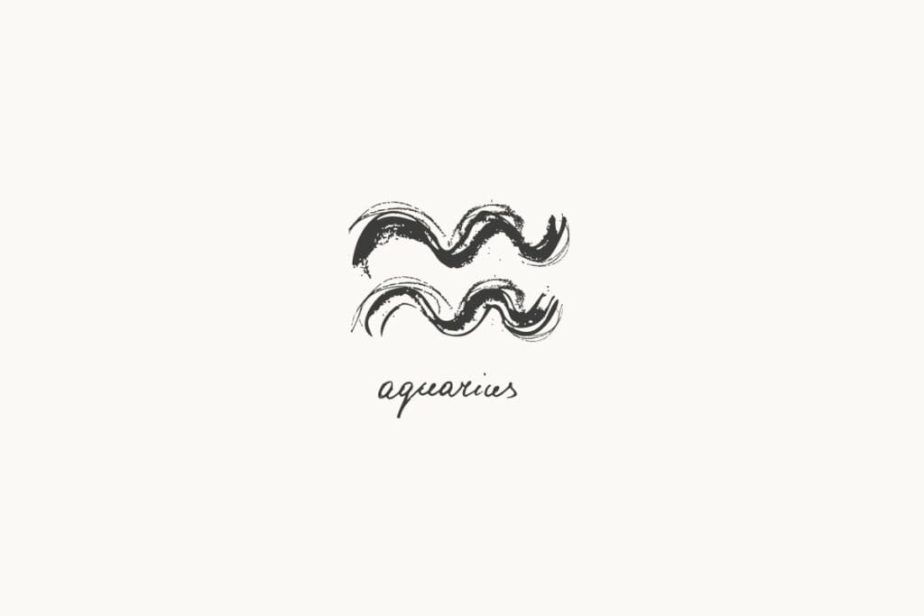 Ilustração do signo de Aquário, contendo duas linhas onduladas paralelas feitas com traços pincelados e irregulares, em fundo claro