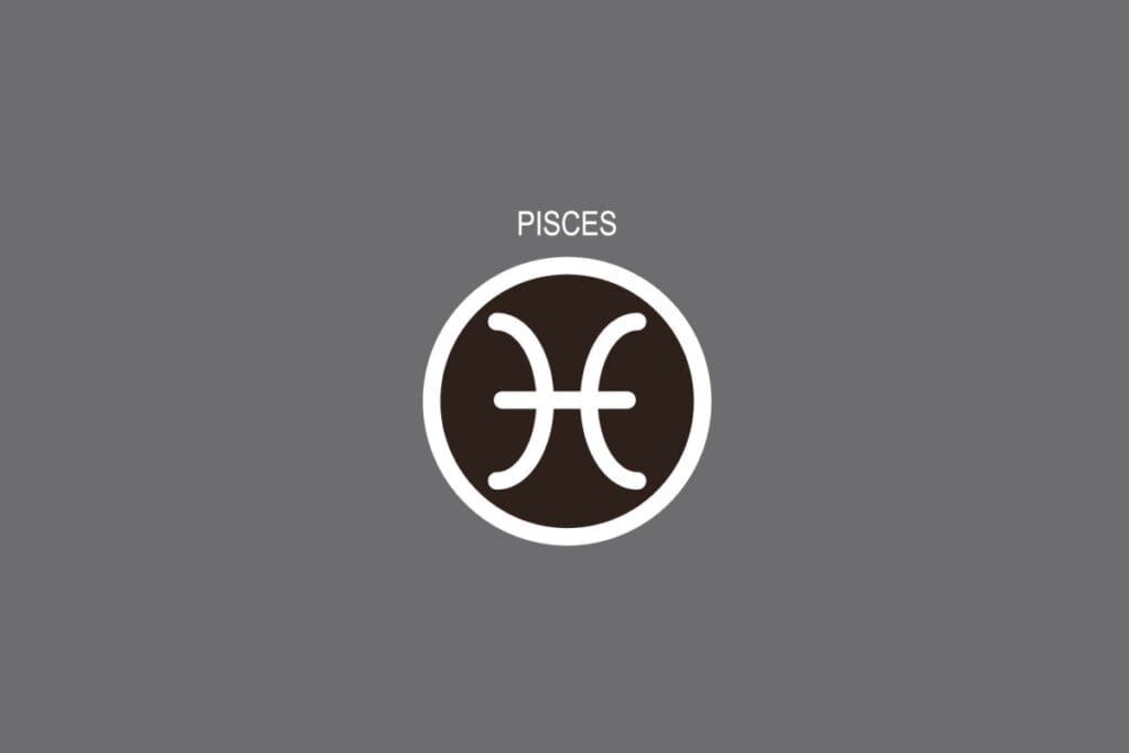 Ilustração do signo de Peixes, contendo duas linhas curvas opostas unidas por traços centrais, em fundo cinza