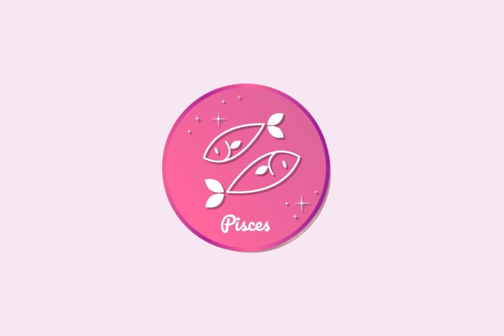 Ilustração do signo de Peixes, contendo dois peixes em direções opostas, em fundo rosa