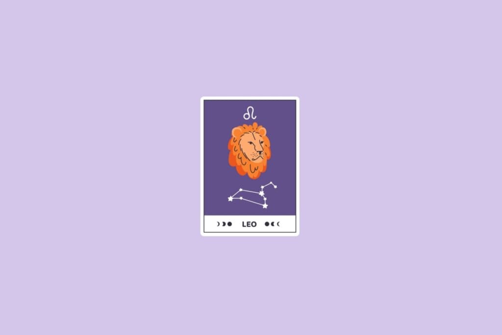 Ilustração do signo de Leão com a cabeça de um leão, a constelação de Leão e o símbolo do signo no topo