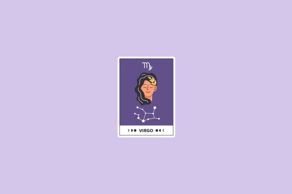 Ilustração do signo de Virgem com o rosto de uma mulher de olhos fechados, a constelação de Virgem e o símbolo do signo no topo