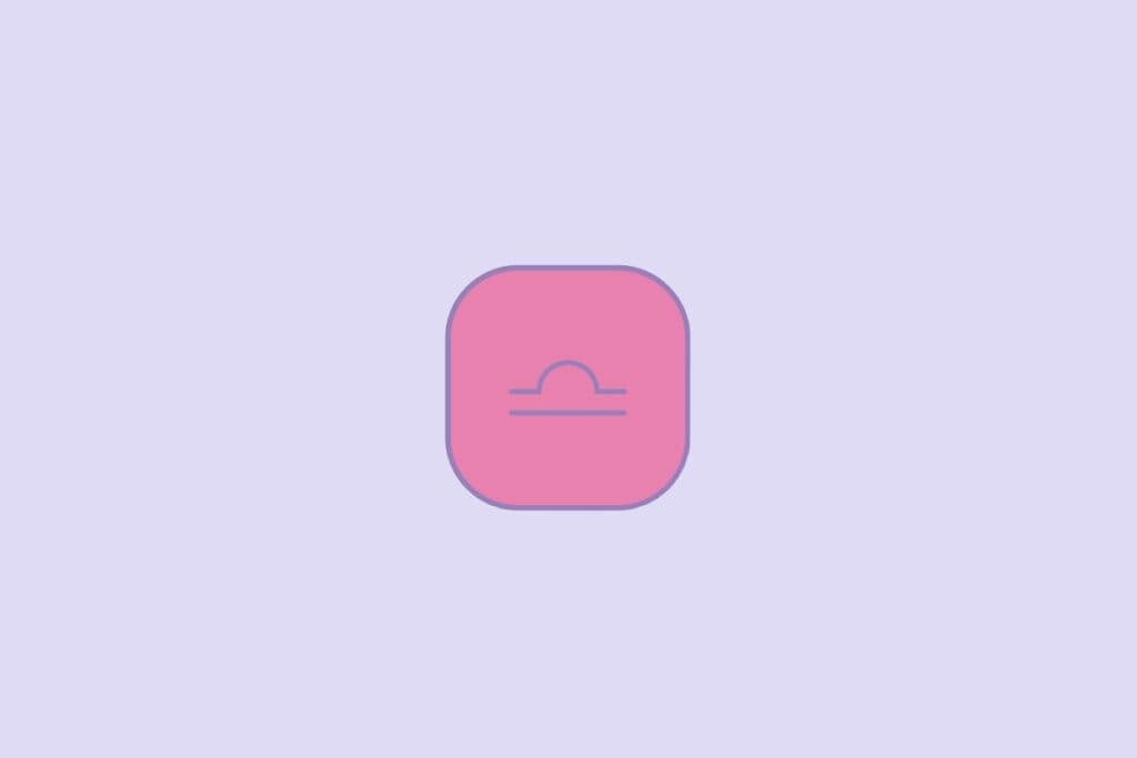 Ícone representando o signo de Libra em fundo rosa, com símbolo lilás composto por uma linha reta abaixo de um arco