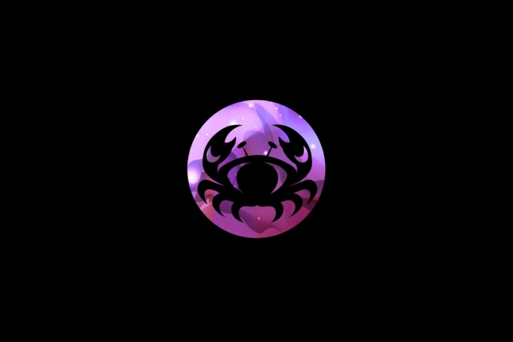 Ilustração do signo de câncer em um círculo em tons de roxo e rosa em fundo preto