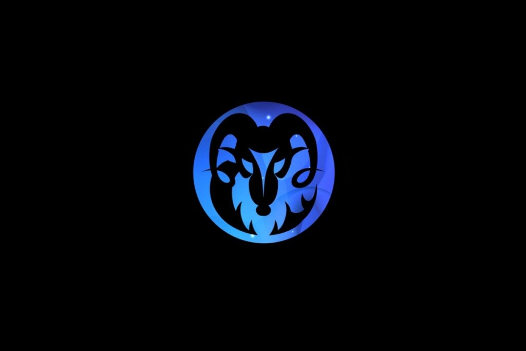 Ilustração do signo de capricórnio em um círculo azul em fundo preto