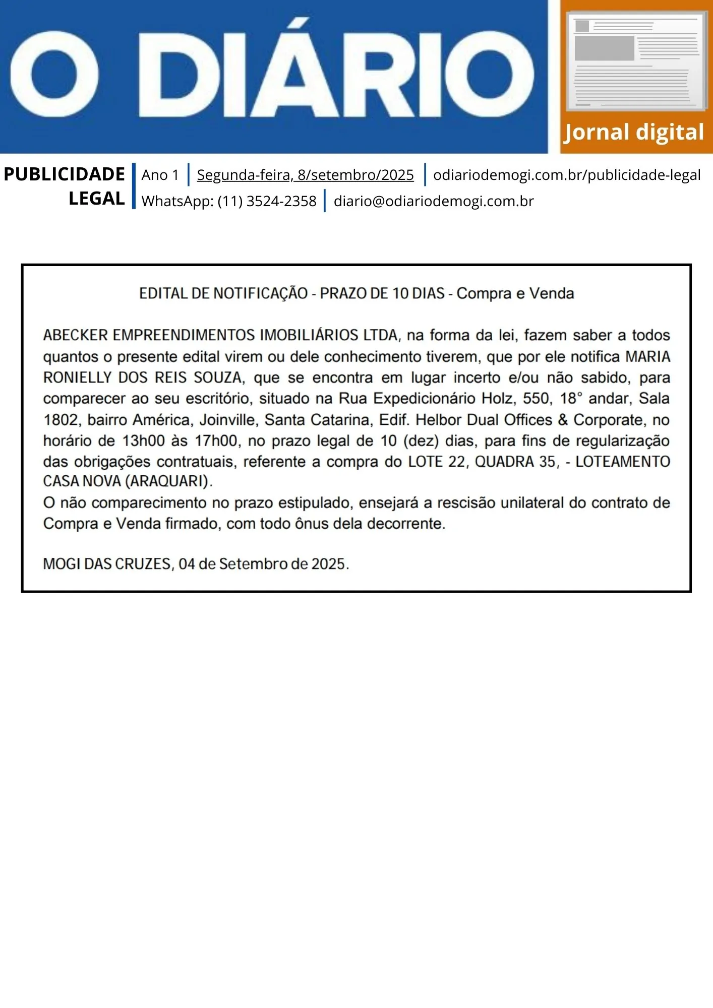 Segunda, 8 de setembro de 2025