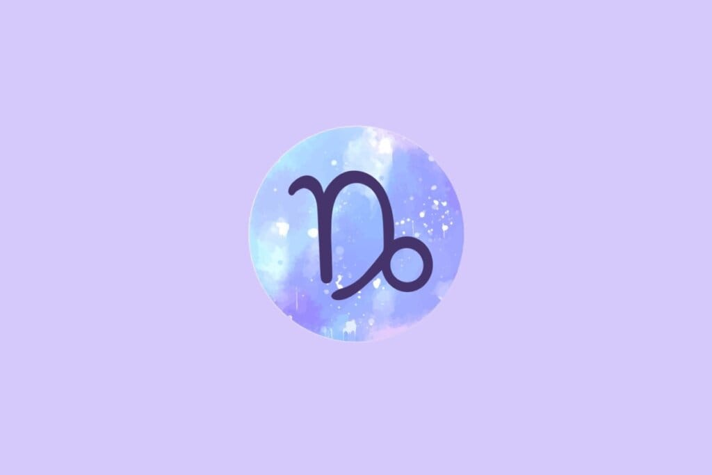 Imagem do signo de Capricórnio, com um símbolo que lembra uma combinação de "N" estilizado, sobre um fundo em tons suaves de roxo e azul