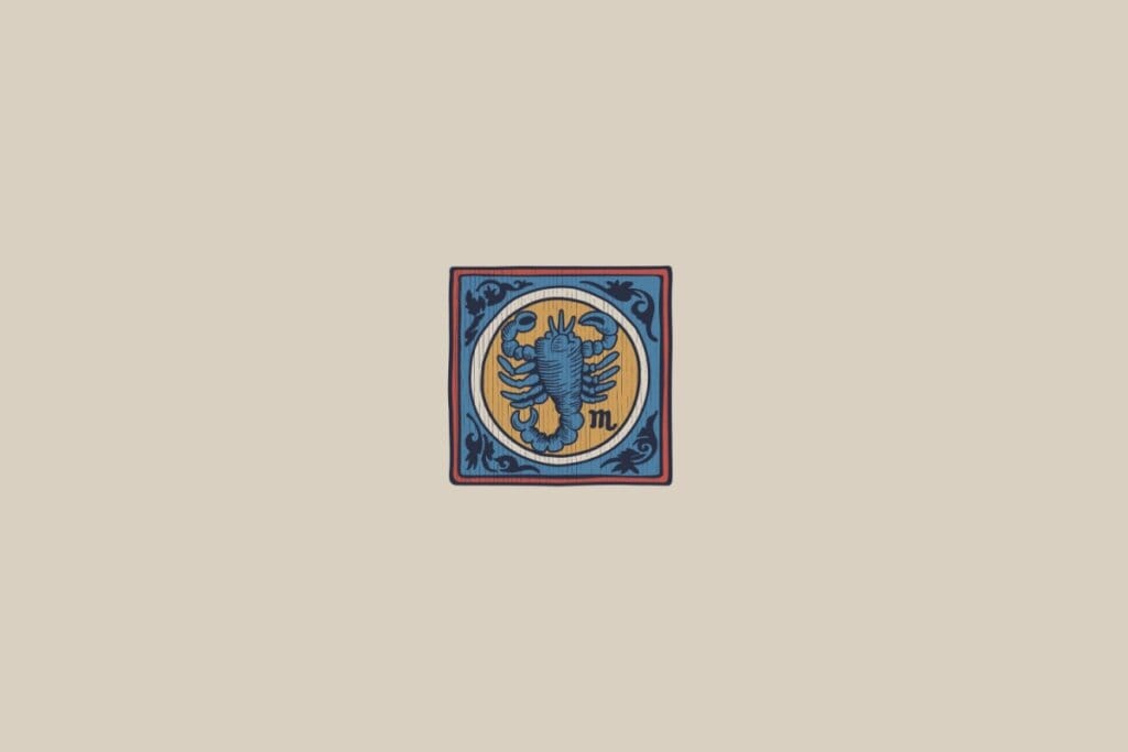Ilustração do signo de Escorpião em um estilo medieval, representando um escorpião azul sobre um fundo dourado, com detalhes decorativos azuis